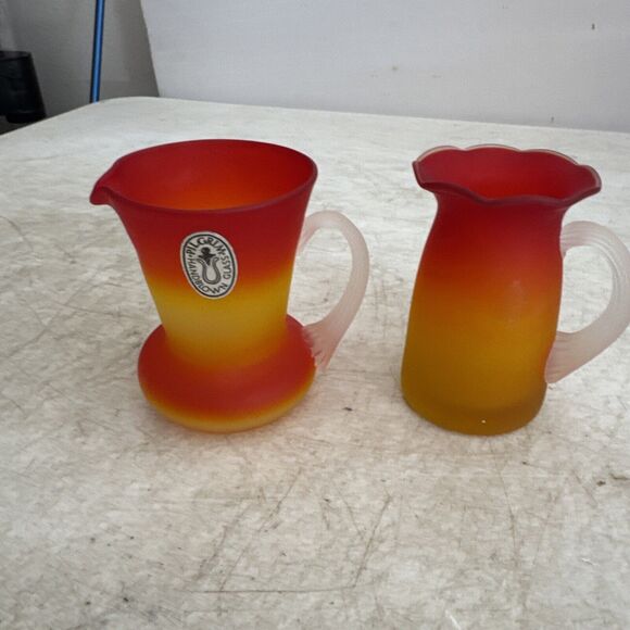 Pilgrim Pitcher / Creamer Set Peachblow Satin Glass Hand Blown Mid-Century - Picture 2 of 12